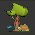 Cartoon Style 3D Plant Model with Green Bulbous Body Orange Trunk and Small Blue Leaves