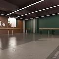 Dance School Studio With Arch Windows Ballet Barres Gray Flooring And Pink Dark Walls