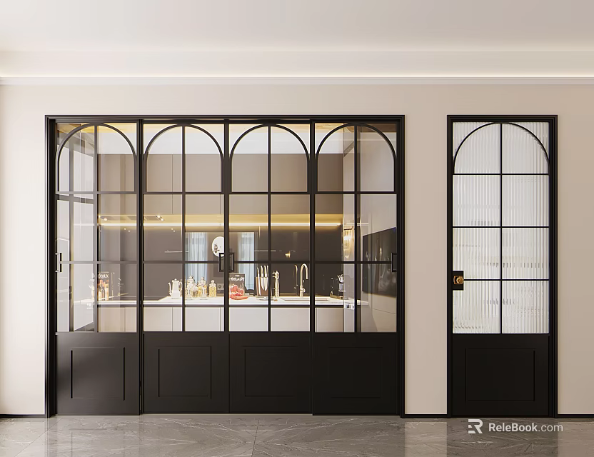 Modern Kitchen Interior With Black Frame Glass Doors And Bright Countertop Lighting 3d model 