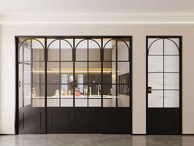Modern Kitchen Interior With Black Frame Glass Doors And Bright Countertop Lighting 3d model