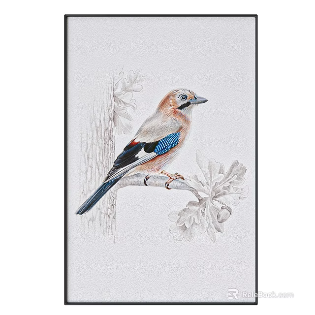 Detailed Bird Animal Painting With Colorful Feathers And Oak Leaves On Branch 3d model 