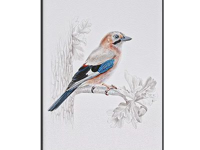 Detailed Bird Animal Painting With Colorful Feathers And Oak Leaves On Branch 3d model