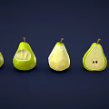 Fresh Green Pears Displayed in Whole Bitten and Sliced States on Dark Background