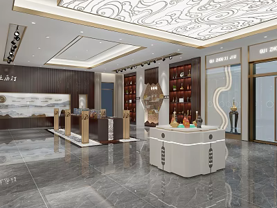 Zhengshan Tang Showroom Interior With Display Cabinets Decorative Ceiling And Marble Floor 3d model