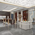 Zhengshan Tang Showroom Interior With Display Cabinets Decorative Ceiling And Marble Floor