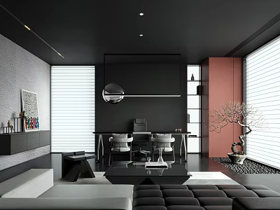 Modern Office Interior With Black Ceiling Gray Pink Walls White Blinds And Bonsai Plant 3d model