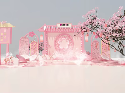 Pink Themed Decorative Scene With Cherry Blossom Tree Traditional Architecture And Lanterns 3d model