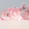 Pink Themed Decorative Scene With Cherry Blossom Tree Traditional Architecture And Lanterns