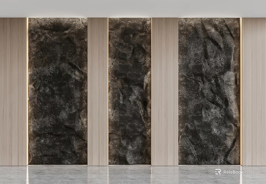 Modern Textured Background Wall With Dark Stone Panels And Light Wooden Frames 3d model