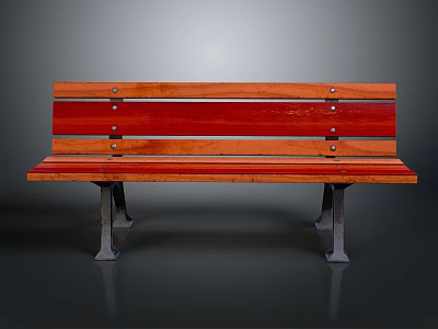 Wooden Bench With Red Slats And Metal Legs For Garden Seating 3d model