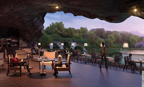 Modern Restaurant Natural Karst Cave Hotel Restaurant Stacked Water View 3d model