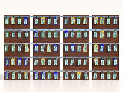 Jewelry with Small Tags in Green Blue Yellow Colors on Wooden Shelves Text and Barcodes 3d model