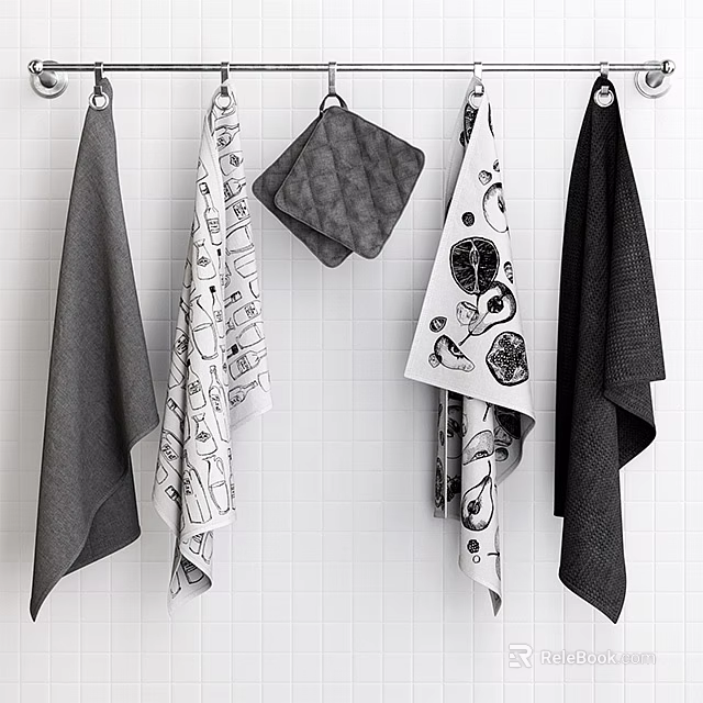 Stylish Bathtub Space With Hanging Gray White Patterned And Dark Towels On White Tiles 3d model 