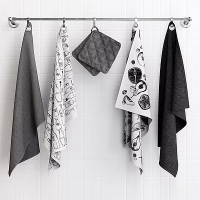Stylish Bathtub Space With Hanging Gray White Patterned And Dark Towels On White Tiles 3d model