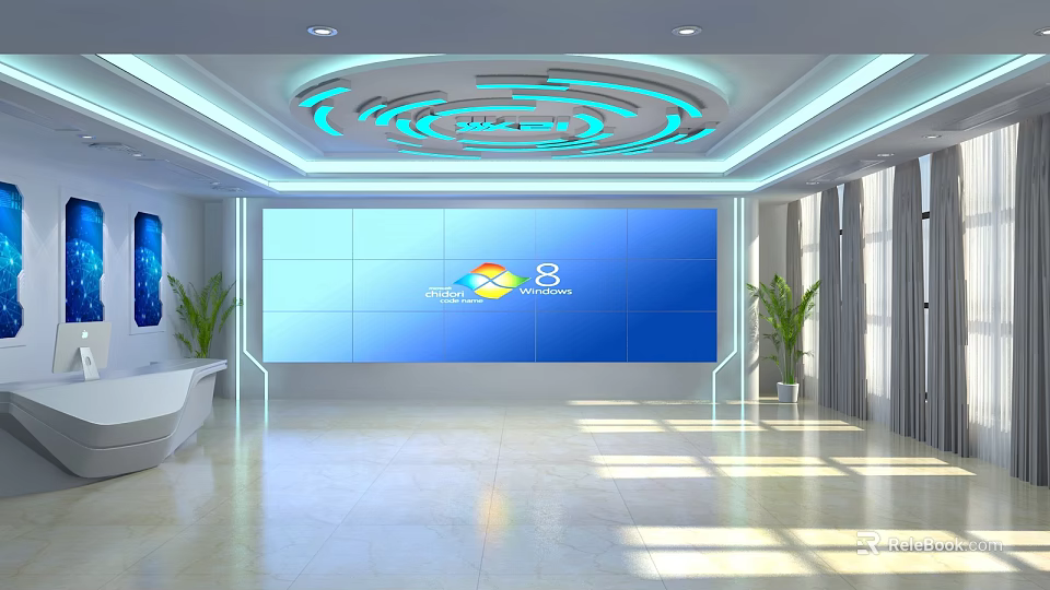 Modern Conference Room Interior With Blue Screen Circular Ceiling Lights And Green Plants 3d model 