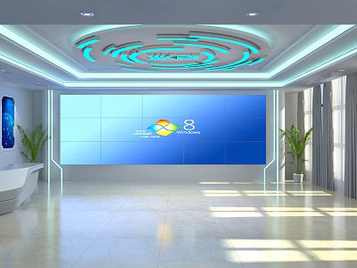 Modern Conference Room Interior With Blue Screen Circular Ceiling Lights And Green Plants 3d model