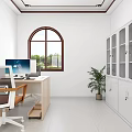 Office Space With Arched Window Green Chairs Beige Sofa Wooden Coffee Table And Wall Paintings