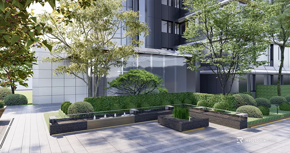 Modern Residential Landscape With Lush Green Trees Shrubs Water Features And Paved Area 3d model 