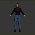 Child Wearing Black Leather Jacket Blue Jeans Standing with Boots on Gray Background