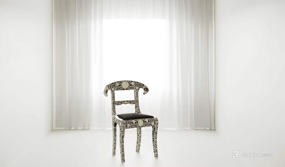 Stylish Patterned Dining Chair With Black Seat Cushion In Bright Room With White Curtains 3d model 