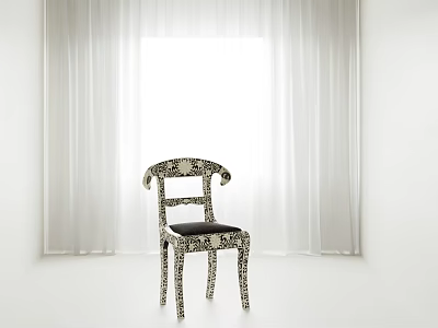 Stylish Patterned Dining Chair With Black Seat Cushion In Bright Room With White Curtains 3d model