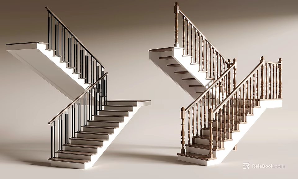 Modern Staircase Designs with Black Metal and Wooden Railings and White Steps 3d model 