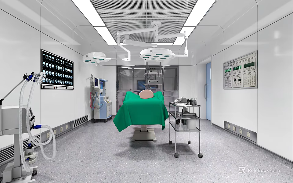 Operating Room Interior With Surgical Table Green Drape Lights And Medical Equipment 3d model 