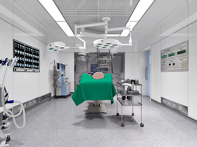 Operating Room Interior With Surgical Table Green Drape Lights And Medical Equipment 3d model