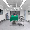 Operating Room Interior With Surgical Table Green Drape Lights And Medical Equipment