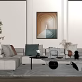 Modern Living Room Interior With Neutral Tones Sofa Area Rug Coffee Table And Decorative Painting