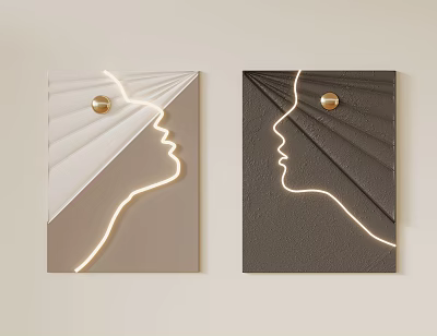 Two Tone Abstract Wall Paintings Featuring Gold Accent Illuminated Face Silhouette And Fan Shaped Light 3d model