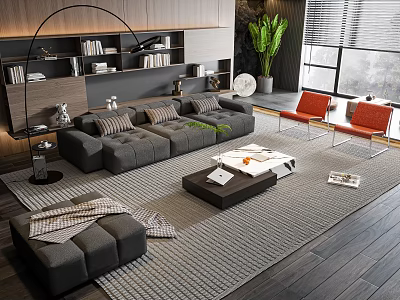 Modern Living Room With Gray Sofa And Coffee Table Set Red Chairs Green Plant 3d model