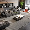 Modern Living Room With Gray Sofa And Coffee Table Set Red Chairs Green Plant