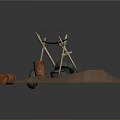 Outdoor Desert Camp Structure With Branch Frame Red Drums And Black Tires On Sandy Ground