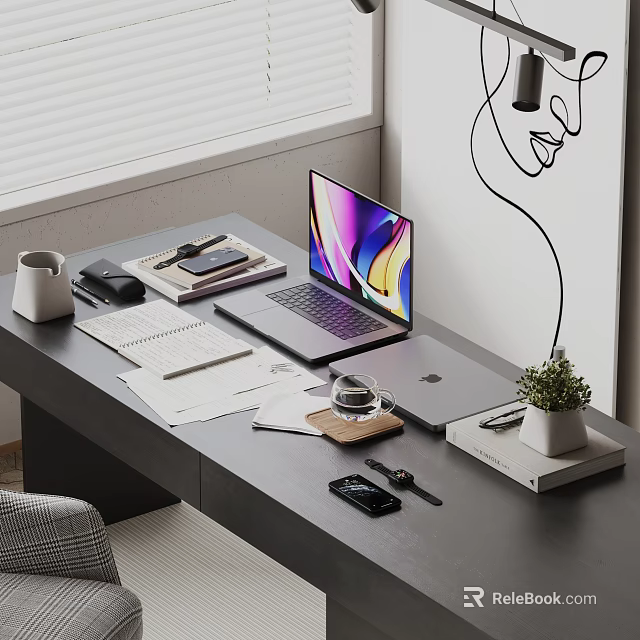 Organized Home Office Desk Setup With Laptop Notebooks Phone And Small Plant 3d model 