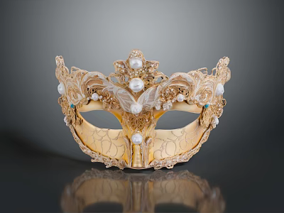 Elegant Golden Decorative Mask With Intricate Carvings And Pearl Embellishments 3d model