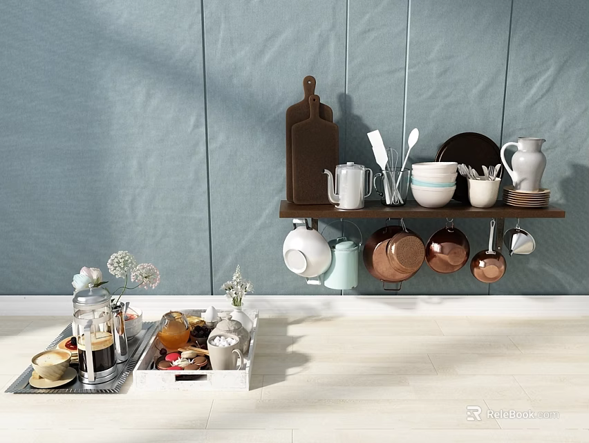 Elegant Kitchen Dinnerware Set With Ceramic Cups Copper Mugs Plates And Kettle On Hanging Shelf 3d model 