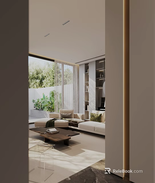 Modern Living Room Interior With White Sofa Wooden Coffee Table Bookshelves And Green Plants 3d model 