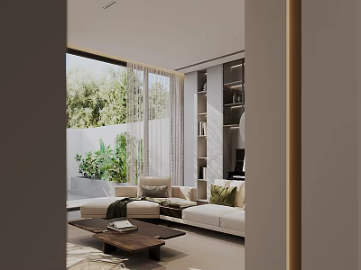 Modern Living Room Interior With White Sofa Wooden Coffee Table Bookshelves And Green Plants 3d model