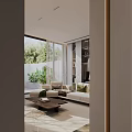 Modern Living Room Interior With White Sofa Wooden Coffee Table Bookshelves And Green Plants