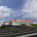 Bright Gas Station Exterior Design With Yellow Red Canopy Fuel Pumps And Vehicles