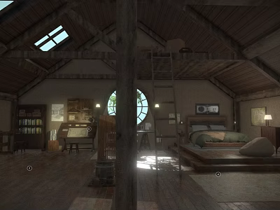 Rustic Bedroom Interior With Skylight Circular Window Wooden Rafters Bed And Wooden Floor 3d model