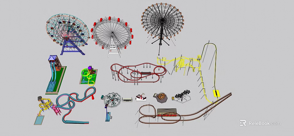 Amusement Equipment Collection Featuring Ferris Wheels Roller Coasters Slides And Swings 3d model 