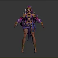 Fantasy Female Character in Purple and Gold Ornate Outfit with Headdress and Arm Accessories