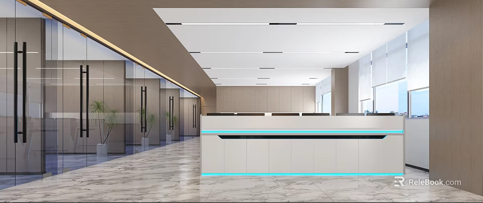 Modern Open Public Office Area With Long Reception Desk Marble Floor Glass Partitions And Lighting 3d model 
