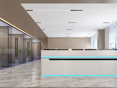Modern Open Public Office Area With Long Reception Desk Marble Floor Glass Partitions And Lighting 3d model