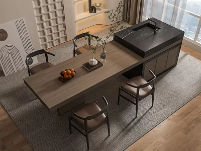 Modern Wooden Dining Table Set With Four Leather Chairs Fruit Bowl And Window View 3d model