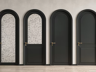 Modern Black Arched Hinged Doors With Glass Inserts And Brass Handles Interior Design 3d model