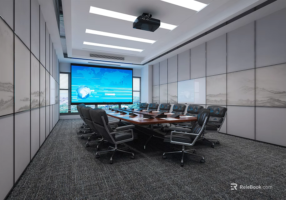 Modern Conference Room With Projector Screen Wooden Table And Ergonomic Chairs 3d model 