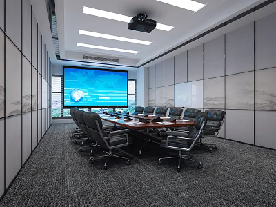 Modern Conference Room With Projector Screen Wooden Table And Ergonomic Chairs 3d model